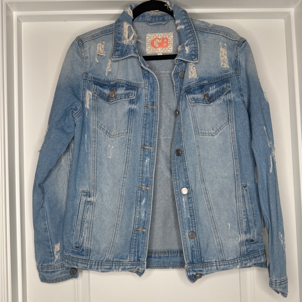 GB Gianni Bini “The Future Is Ours” Distressed Light Wash Jean Jacket, XS